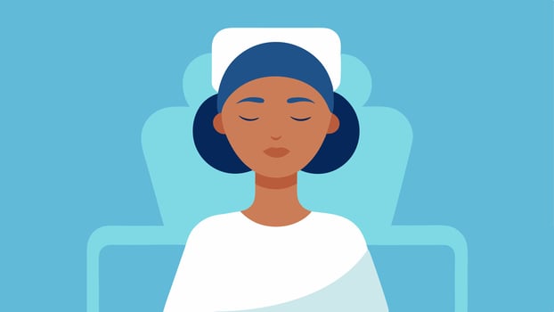 Relaxed Client A person reclining in the treatment chair with closed eyes wearing a headband and looking peaceful during the cryofacial therapy.. vector
