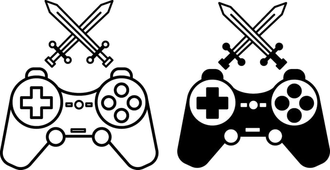 Arcade Game Icons. Black and White Icons of Console and Crossed Swords. Computer Games Concept vector