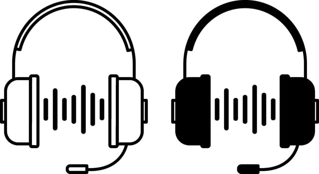 Headphones icons. Black and White Icons. Headphones with Microphone and Sound Waves. Headset for Listening to Music, Communication, and Computer Games vector
