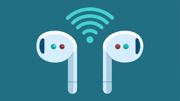 Smart Earbuds A pair of sleek wireless earbuds that include touch controls displaying communication features such as voice assistant interaction and noisecanceling abilities.. vector
