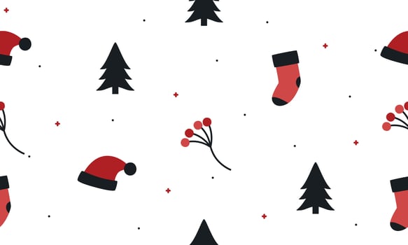 Christmas theme seamless pattern with santa hat, sock, and pine tree on white background. Christmas wrapping paper illustration vector