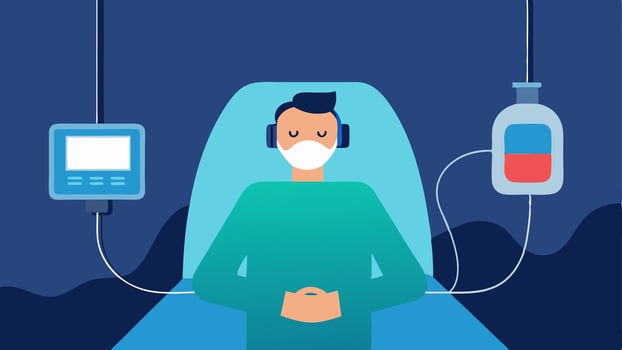 Therapeutic Setup Inside view of the chamber showing a patient connected to an oxygen mask and a small monitor displaying vitals while relaxing with their eyes closed.. vector