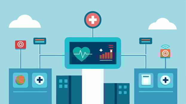 Wellness Monitoring Hub A central station in a healthcare facility filled with digital screens tracking patient wellness metrics demonstrating a focus on preventive care.. vector