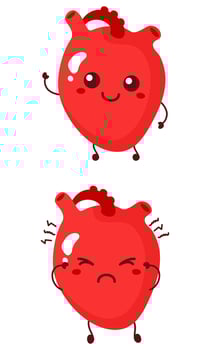 Cute sad and smiling happy heart organ human. modern cartoon character illustration icon design vector