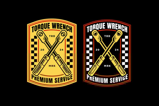 torque wrench tool crossed retro badge logo design for craftsman, mechanic. ratchet wrench tool crossed emblem logo collection for construction, carpenter, workshop, garage vector