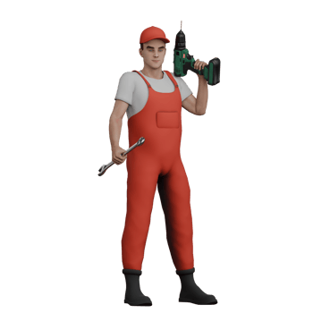 Male Mechanic Cartoon Character. A male mechanic stands holding a drill in his left hand and holding a crank in his right hand. 3D Automotive Illustrated png
