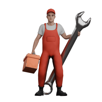 Male Mechanic 3D Illustrated. A male mechanic stands holding a large Y crank in his right hand and carrying a tool box in his left hand. Professional png