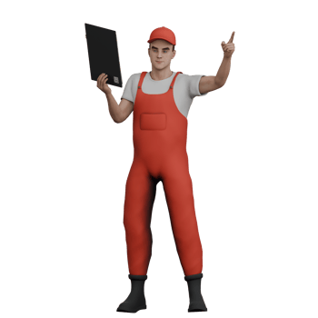 Male Automotive 3D Animation. A male mechanic stands holding a clibroad in his left hand and his right hand points up. Mechanic png