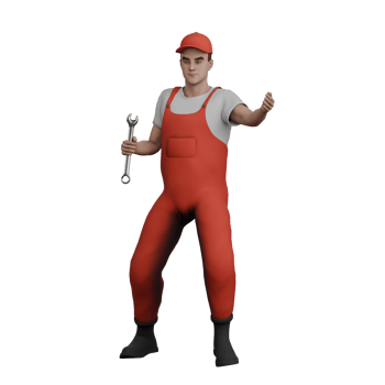 3D Male Mechanic in Garage. A male mechanic stands holding a Y crank in his left hand and extends his right hand forward. Automotive Service png