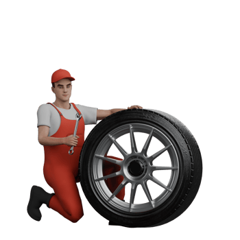 Illustrated of Male Automotive Professional. A male mechanic kneels in front of a car tire holding a Y crank in his right hand. 3D Mechanic png