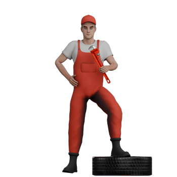 3D Urban Male. A male mechanic stands with his right foot stepping on a car tire and his right hand holding a wrench. Mechanic Illustrated png