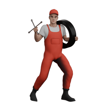 Cartoon Professional Mechanic. A male mechanic walks carrying a car tire and an X crank in both hands. 3D Male png