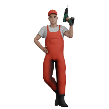 3D Model of Professional Male Mechanic. A male mechanic stands holding a drill in his right hand and his left hand is on his waist. Automotive Character png