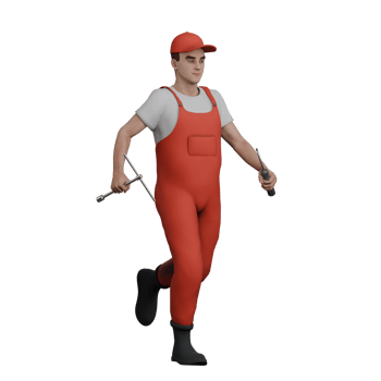 3D Male Mechanic Character in Action. A male mechanic runs carrying a screwdriver and a T-crank in both hands. Professional png