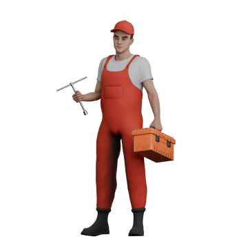 Professional Male Automotive Character. A male mechanic stands carrying a tool box and a T crank in both hands. 3D Mechanic png