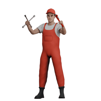 Male Mechanic in Automotive 3D. A male mechanic stands carrying a wrench and an X crank in both hands. Professional png