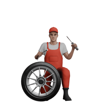 3D Male Mechanic in Professional Role. A male mechanic kneels in front of a car tire carrying a screwdriver and an X crank in both hands. Automotive Cartoon png