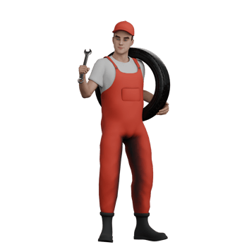 Illustrated of 3D Male Mechanic. A male mechanic is standing while carrying a car band while holding the crank. Professional Cartoon png