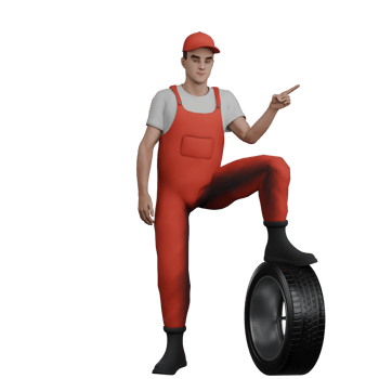 3D Professional Male in Mechanic Role. A male mechanic is standing while his left foot is stepping on a car band while his left hand is pointing forward. Automotive png