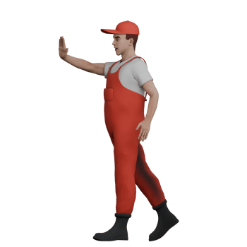 Male Mechanic in Automotive 3D. A male mechanic is walking while his right hand is waving forward, as if giving a prohibition or guiding parking. Professional Character png