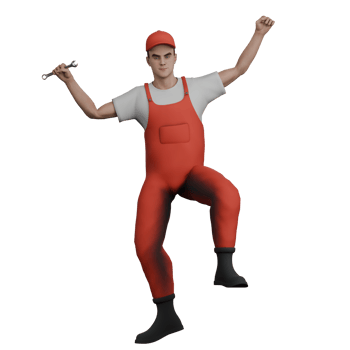 Male Mechanic in 3D Professional Automotive. A male mechanic is dancing and jumping with both hands raised and holding a crank. Cartoon png