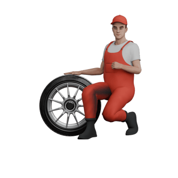 Professional Male in 3D - Mechanic. A male mechanic is sitting on one leg in front while holding a car band. Cartoon Illustrated png