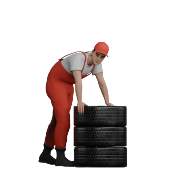 Male Automotive Professional in 3D. A male mechanic stands, bending down to pick up a car tire from a pile of rubber bands in front of him. Mechanic Cartoon png
