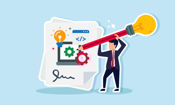 A businessman is writing on a paper about programming with a variety of lighted pencils, illustration of designing innovative and user-friendly application programs vector