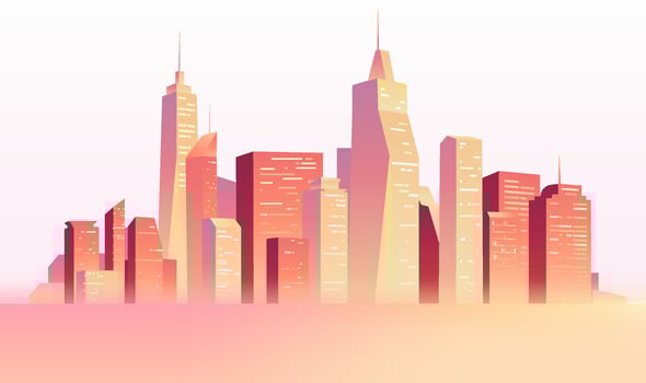 Hand painted light red city skyline illustrations with many skyscrapers vector