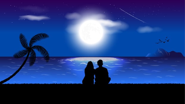 graphics image A couple man and women sitting look at sunset on the beach design illustration vector