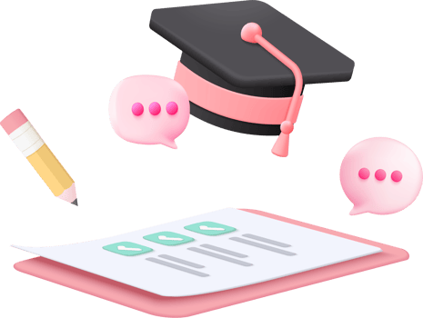 Graduation cap, pink speech bubbles, and pencil png