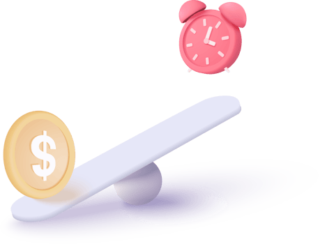 A dollar coin and an alarm clock on a seesaw png