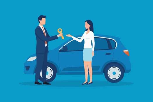 Saler man giving auto key of vehicle to customer renter, buyer young woman receiving isolated flat illustration. vector