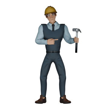Male Architect Cartoon in 3D. A male architect is standing while pointing at a hammer that he is holding in his left hand. Construction Project Illustrated png