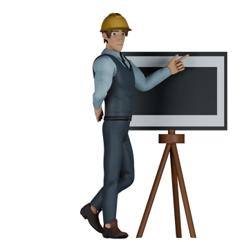 Cartoon Illustrated of a Male Architect. A male architect is standing on the right side of the whiteboard and his left hand is pointing at the whiteboard. 3D Modern Style png