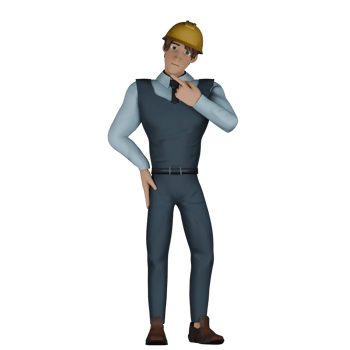 3D Professional Architect Character. A male architect is standing with his left hand pointing to the right and his right hand on his waist. Male Sustainable Design Expert png