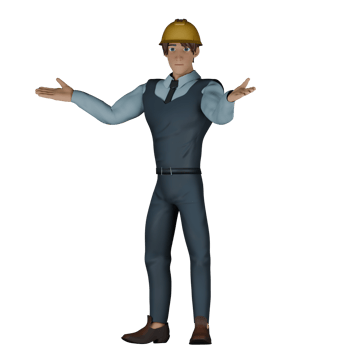 Urban Development Expert in 3D. A male architect is standing with his palms raised in opposite directions. Cartoon Architect png