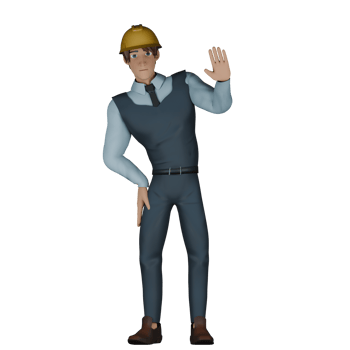 Cartoon Male Architect. A male architect is standing with his right hand holding his right thigh and his left hand raised waving. 3D Structural Design Professional png