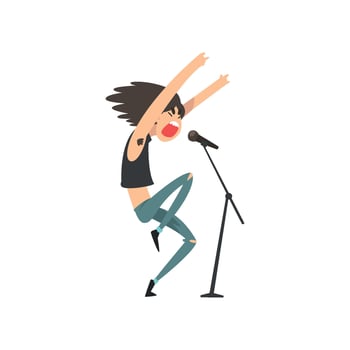 Rock musician, male singer singing into microphone Illustration vector