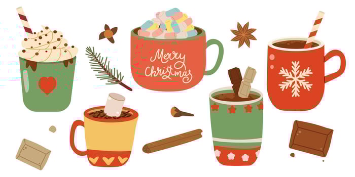 Christmas chocolate and eggnog drinks, winter holiday hot cups, icons. Christmas eggnog or milk punch beverages in cups and mugs, hot chocolate drinks for New Year and Xmas greeting card vector