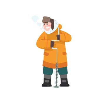 Warmly dressed man with ice drill, outdoor leisure, extremal ice winter fishing Illustration vector