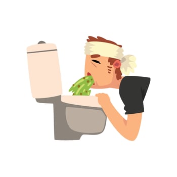 Sick man vomiting into the toilet bowl Illustration vector
