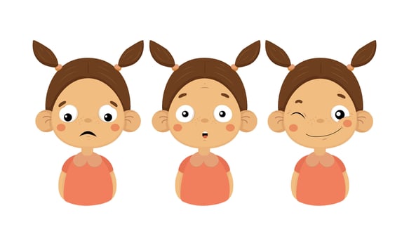 Flat set of girl with ponytails showing different emotions. Sad, surprised and smiling face with winking eye vector