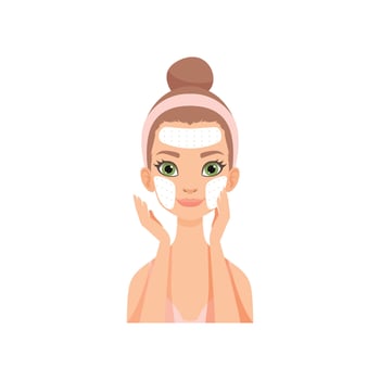 Attractive young woman applying cleansing mask, girl caring for her face and skin, facial treatment procedure Illustration vector