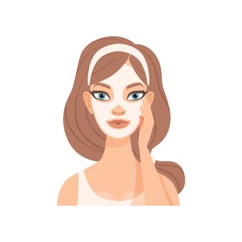 Young woman applying sheet mask, girl caring for her face and skin, facial treatment procedure Illustration vector