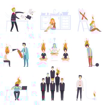 Exhausted men and women with burning brains set, people of different professions, emotional burnout concept, stress, headache, depression, psychological problems Illustration vector