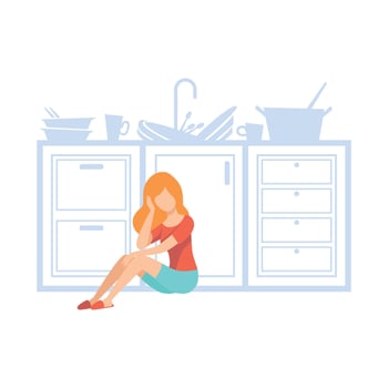 Overworked housewife tired of household duties, emotional burnout concept, stress, headache, depression, psychological problems Illustration vector