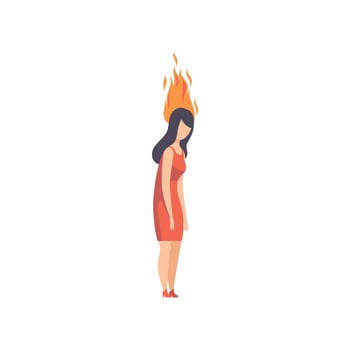 Exhausted tired young woman with burning brain, emotional burnout concept, stress, headache, depression, psychological problems Illustration vector