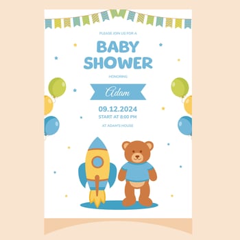 Baby shower party invitation. It's a boy. Invitation with rocket and teddy bear toy. Template for party invitation, poster, greeting card. vector