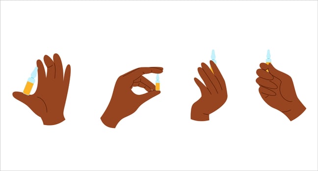 Set of african american hands holding ampoules with liquid for injections vector